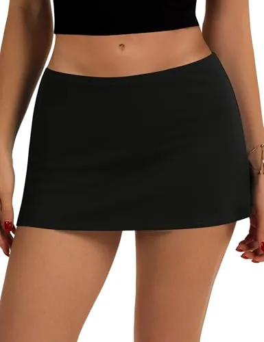 LOMON Women's Low Rise Black Mini Skirt with Built-in Shorts & Pockets